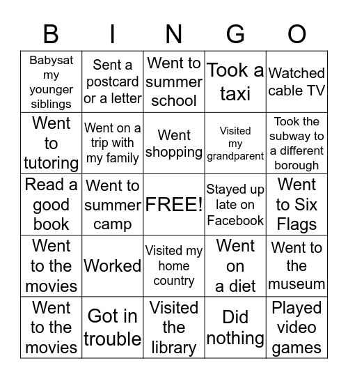 WHAT I DID THIS SUMMER BINGO  Bingo Card