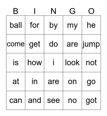 Green Sight Words Bingo Card