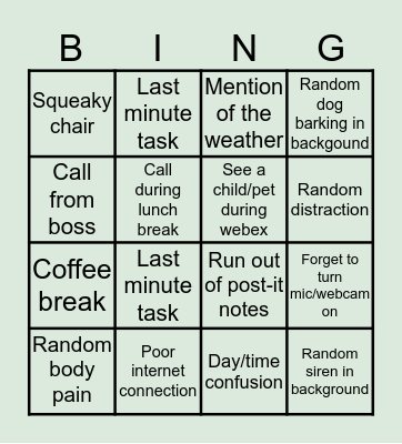 Working From Home Bingo Card