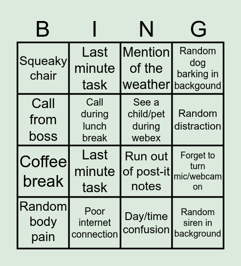 Working From Home Bingo Card