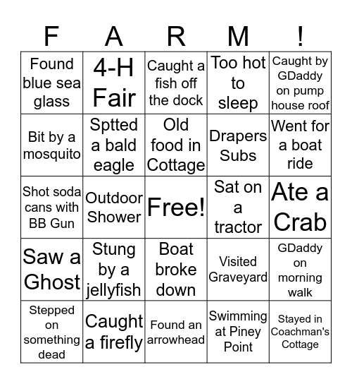 Farm Bingo Card