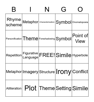 Literary Elements  Bingo Card