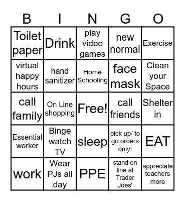 COVID -19  Life Bingo Card