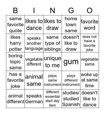 all about you guys Bingo Card