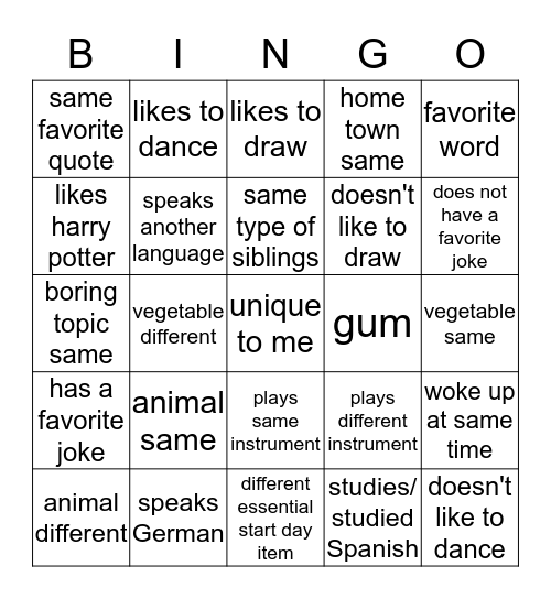 all about you guys Bingo Card