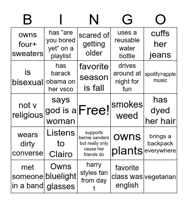 Indie Girl Bingo Card