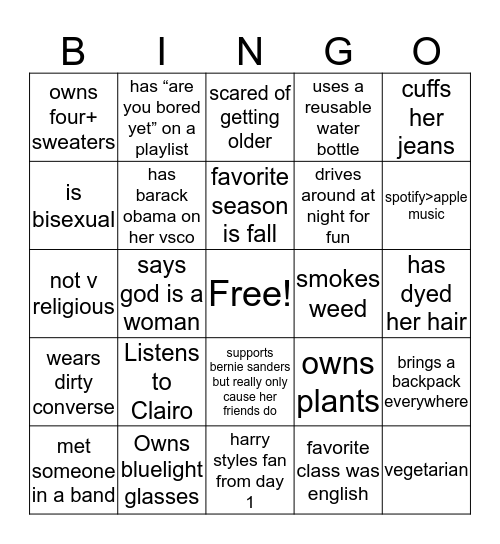 Indie Girl Bingo Card