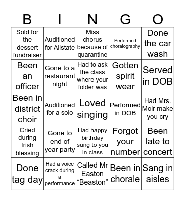 WTW CHORUS BINGO Card