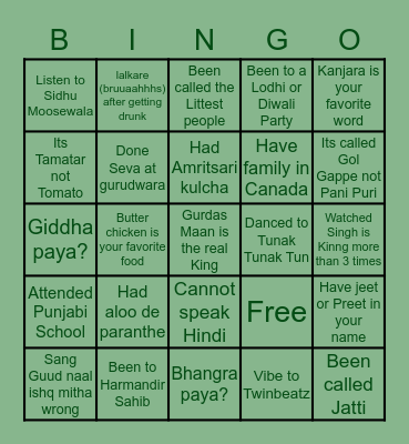 Punjabi Traits Bingo Card