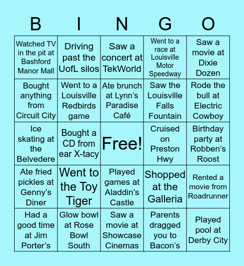 80s/90s Louisville Bingo Card