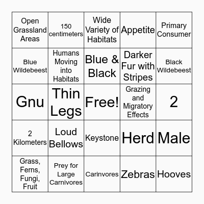 Wildebeest Bingo! Bingo Card