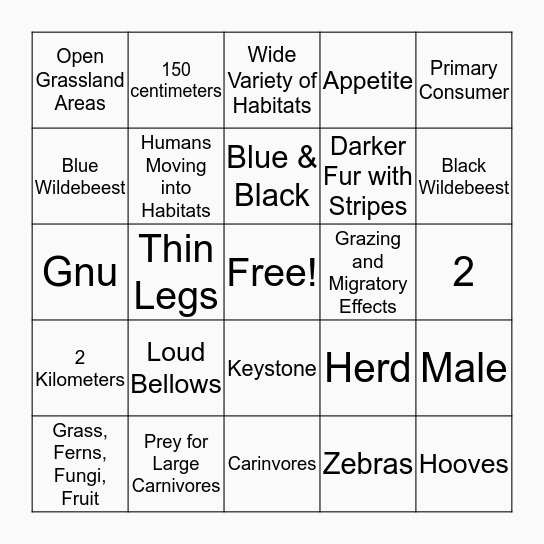 Wildebeest Bingo! Bingo Card