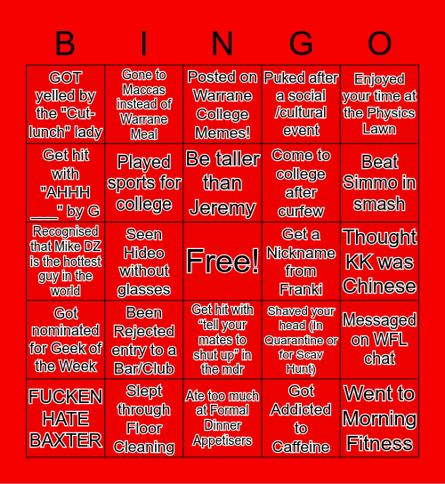 WARRANE COLLEGE BINGO Card