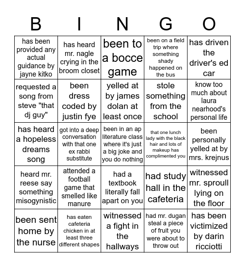 oh my god how did we escape the hell that was moshannon valley bingo Card