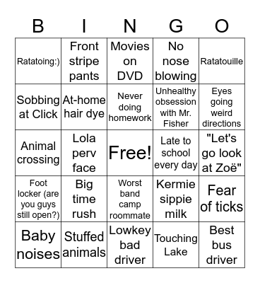 Claire Bingo Card