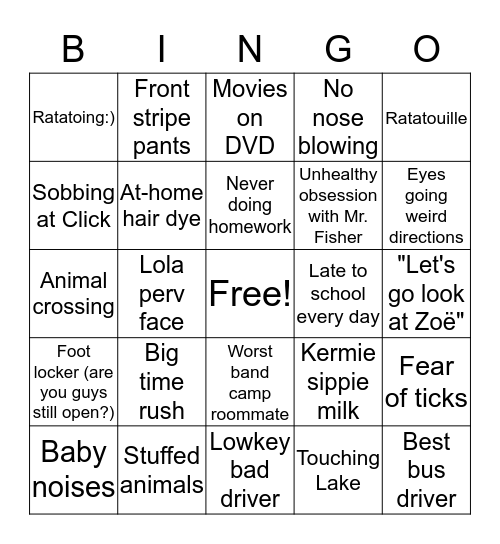 Claire Bingo Card