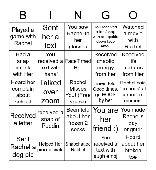 Quarantine BINGO (Rachel Yeets Edition) Bingo Card