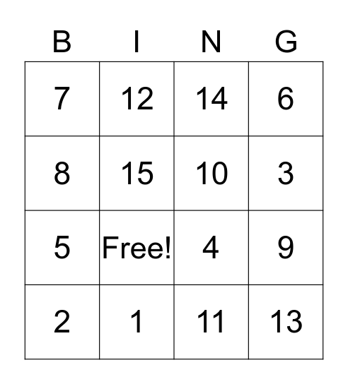 Number Bingo Card