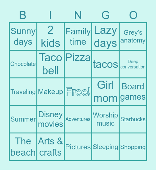 Kait’s Likes Bingo Card