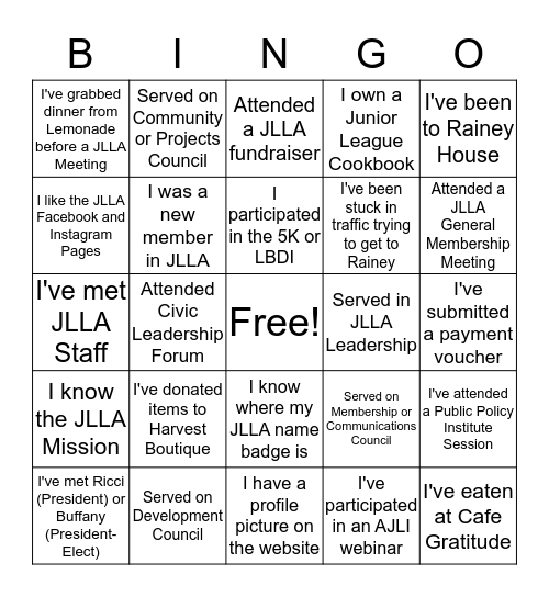 Junior League of Los Angeles Bingo Card