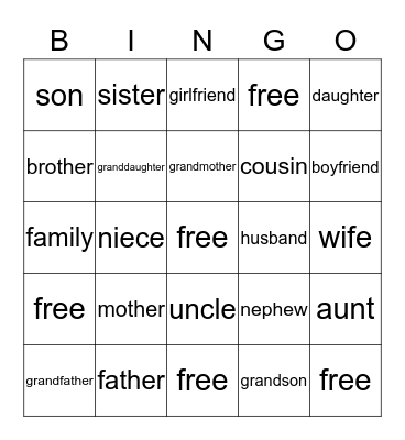 Family Words Bingo Card