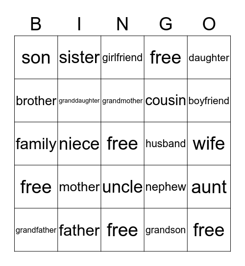 Family Words Bingo Card