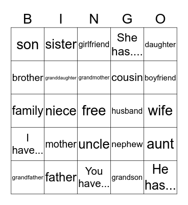 Family Words Bingo Card