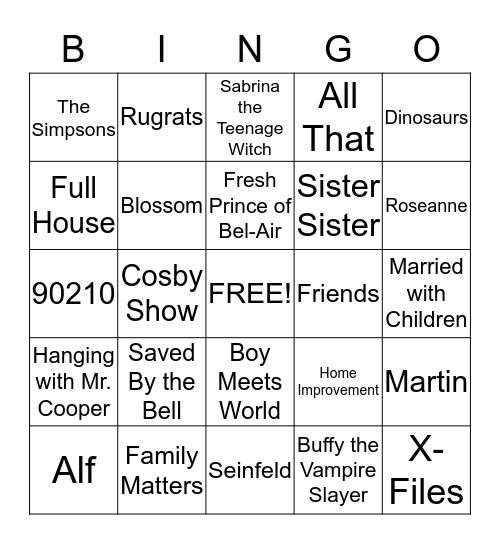 90's TV Shows Bingo Card