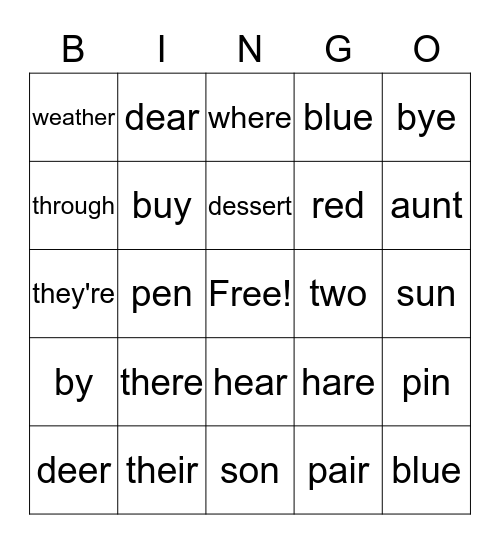 Homophone Bingo Card