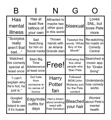 Pete Davidson Stan Bingo Card