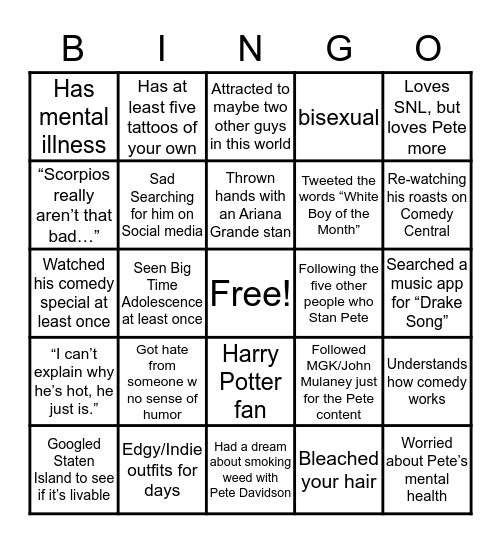 Pete Davidson Stan Bingo Card