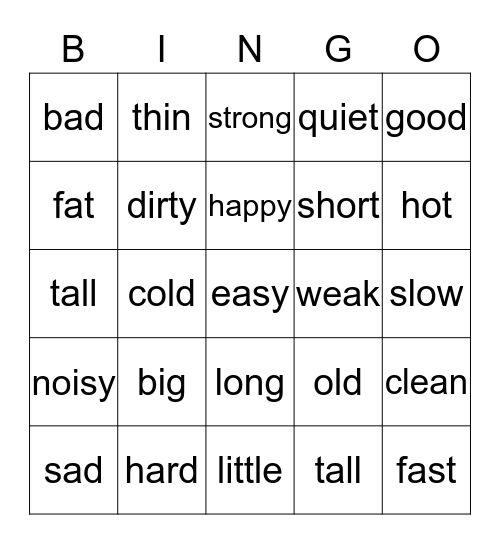 Level 2 Adjectives Bingo Card