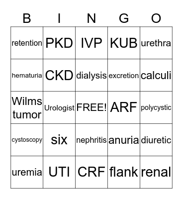 Urinary System Bingo Card