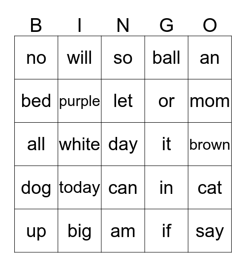 2nd Quarter Words Bingo Card