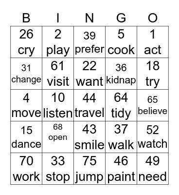 Past Simple Regular Verbs Bingo Card