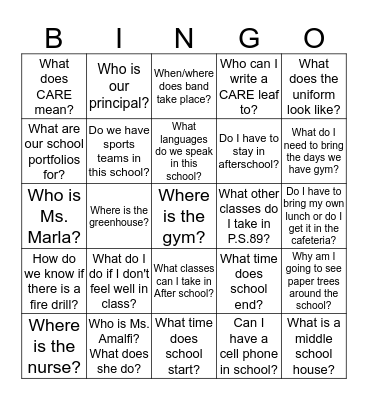 P.S.89 Bingo Card