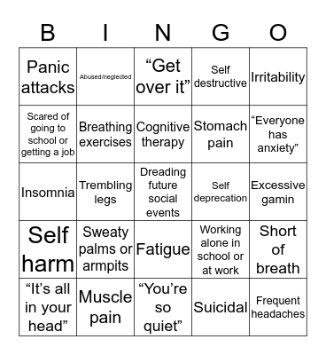 Social anxiety Bingo Card