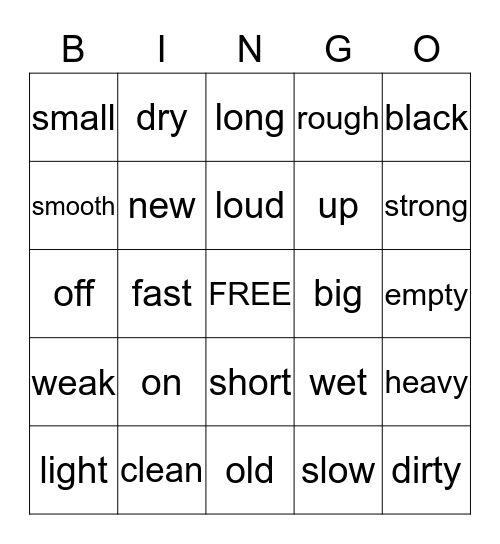 OPPOSITES Bingo Card