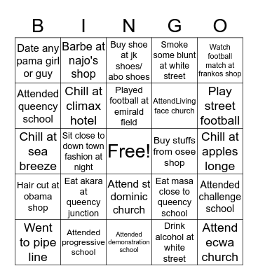 Pama boys life style Bingo Card