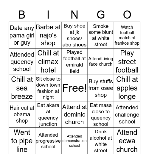 Pama boys life style Bingo Card