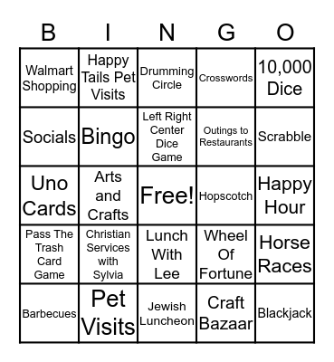Activity Department Bingo Card