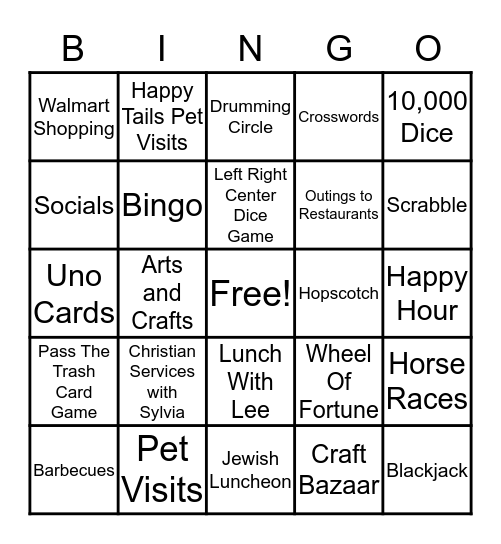 Activity Department Bingo Card