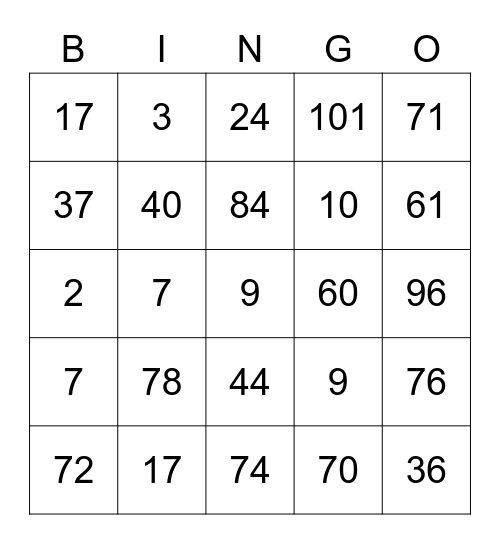 NUMBER Bingo Card