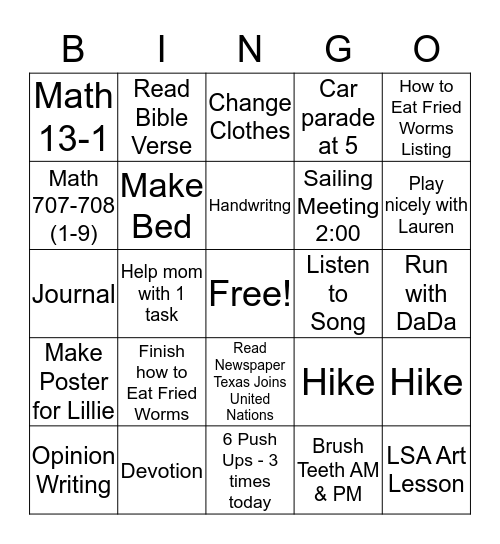 Monday Bingo Card