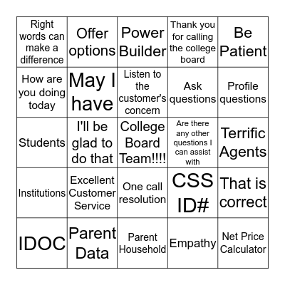 COLLEGE BOARD BINGO Card
