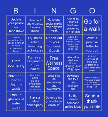 NATIONAL LOUIS UNIVERSITY VIRTUAL WELLNESS WEEK Bingo Card