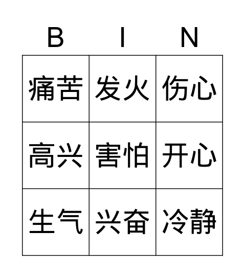 Emotion 感情 Bingo Card