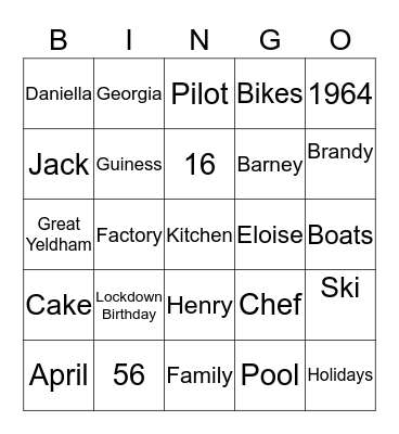 Sean's Birthday Bingo Card