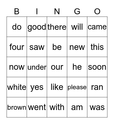 Sight Words 2 Bingo Card