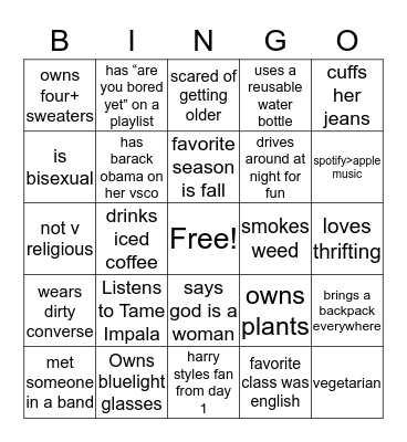 Indie Girl Bingo Card